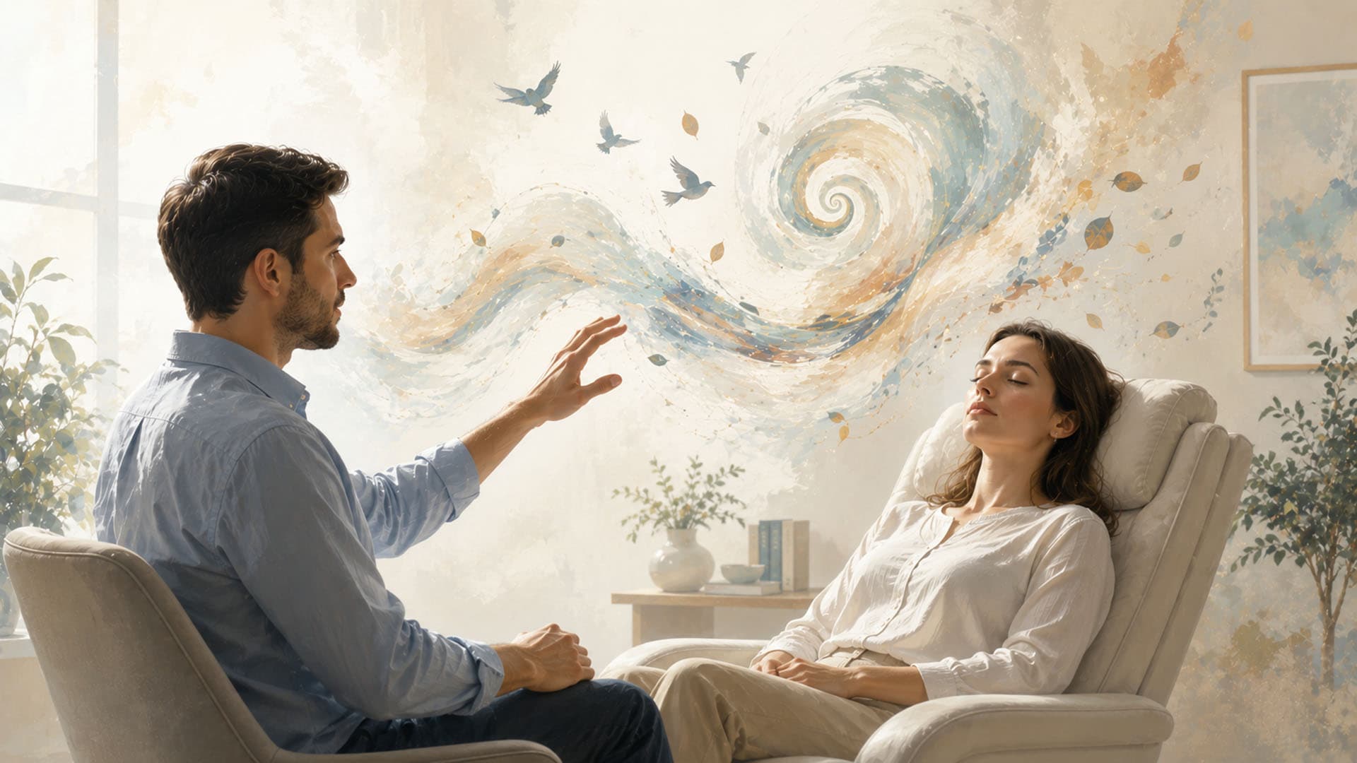 Artistic illustration of a hypnotherapy session showing a therapist guiding a client into a state of focused attention, deep mental relaxation and therapeutic suggestion.