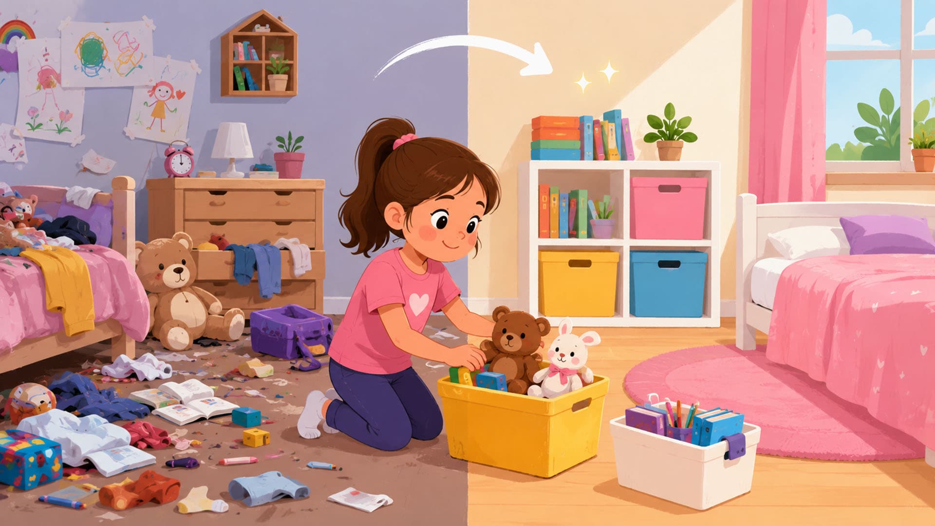 Colourful cartoon illustration of a girl sorting toys into storage boxes as a cluttered bedroom changes into a tidy and organised room.