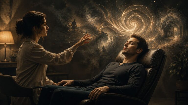 Artistic illustration of clinical hypnosis, showing a therapist guiding a client into a state of focused attention and deep relaxation during a hypnotherapy session