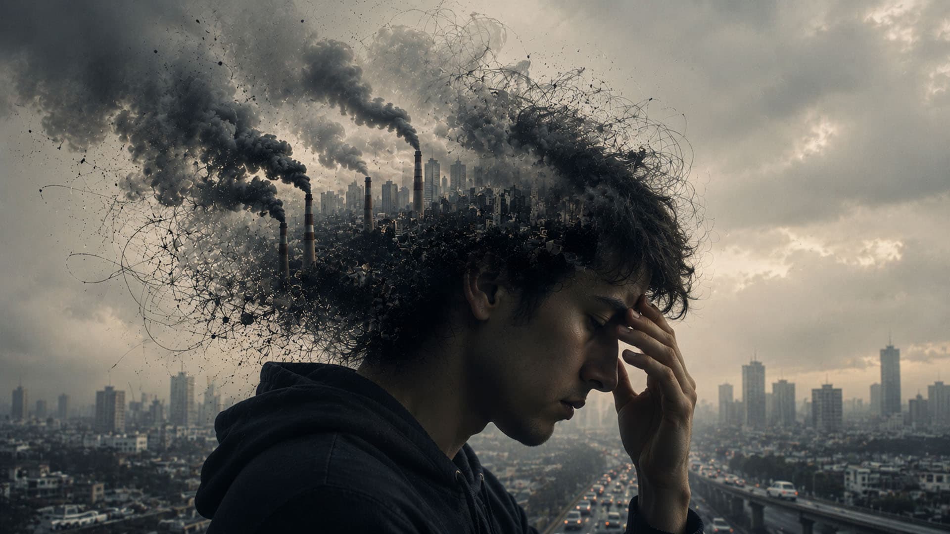 Creative illustration of the psychological effects of air pollution on the human brain and emotions