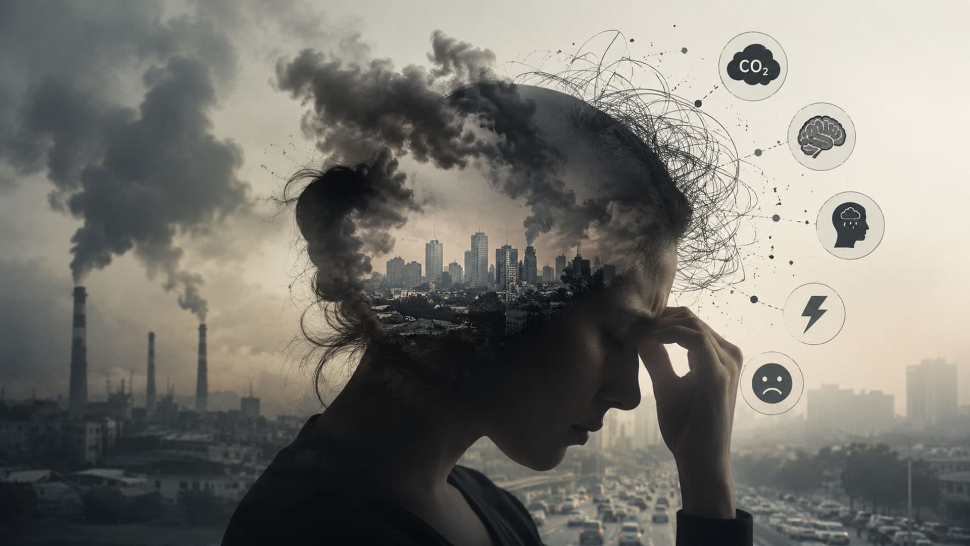 Creative illustration of the impact of air pollution on mental wellbeing and quality of life