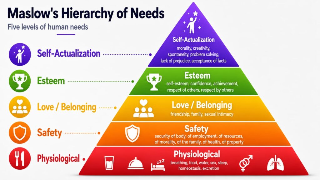 Maslow’s Hierarchy of Needs pyramid showing five colour-coded levels: Physiological Needs, Safety Needs, Love and Belonging, Esteem, and Self-Actualization, with illustrative icons and key needs associated with each stage.