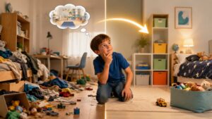 Young boy sitting between a cluttered bedroom and an organised room while imagining how his toys and belongings could be tidied.