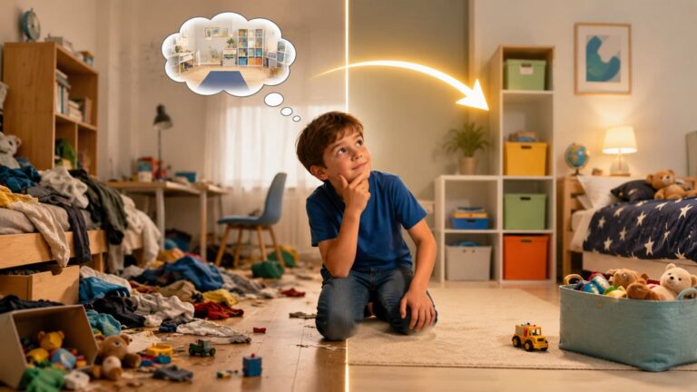 Young boy sitting between a cluttered bedroom and an organised room while imagining how his toys and belongings could be tidied.